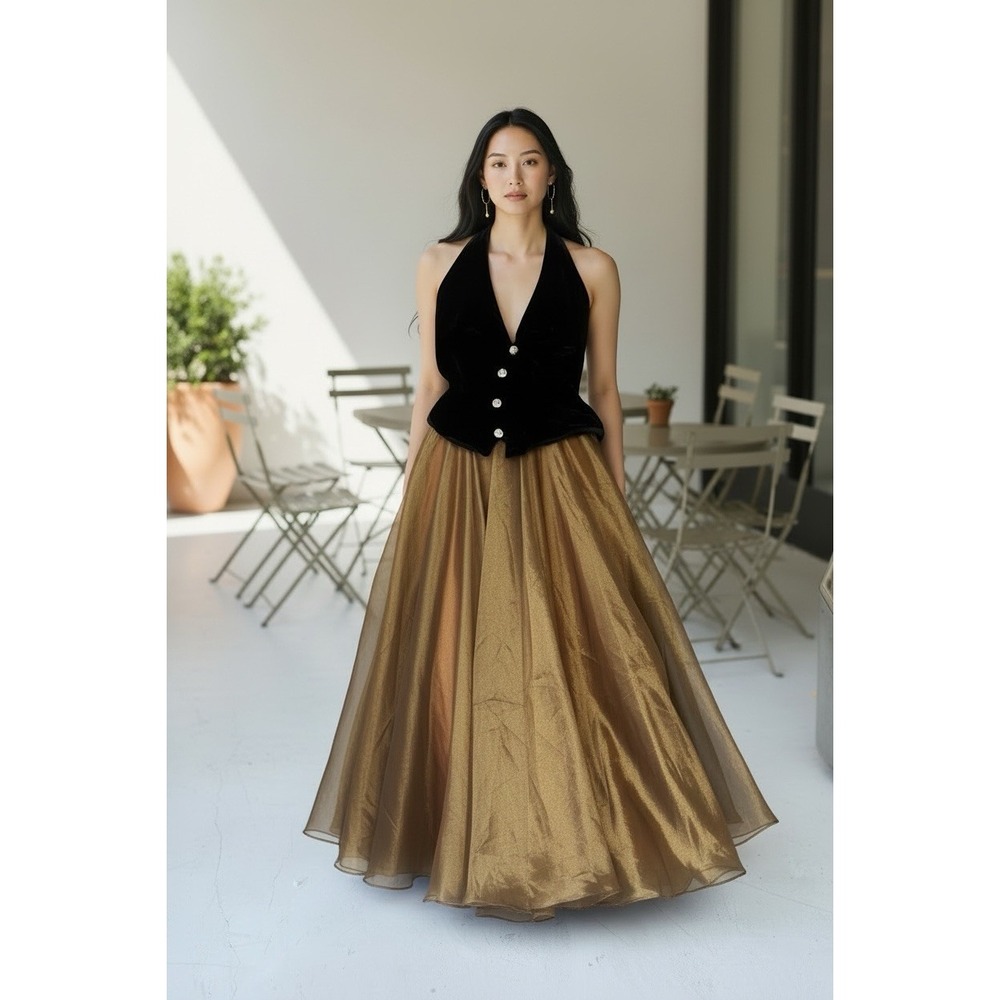 Vintage Stunning Dave And Johnny Velvet And Organza Halter Gown, Size 12